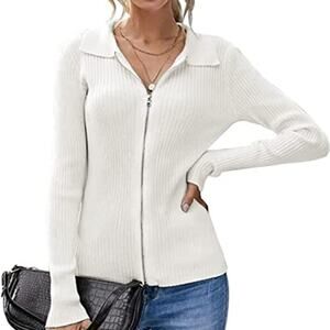 New White Ribbed Knit Sweater Full Zip XXL